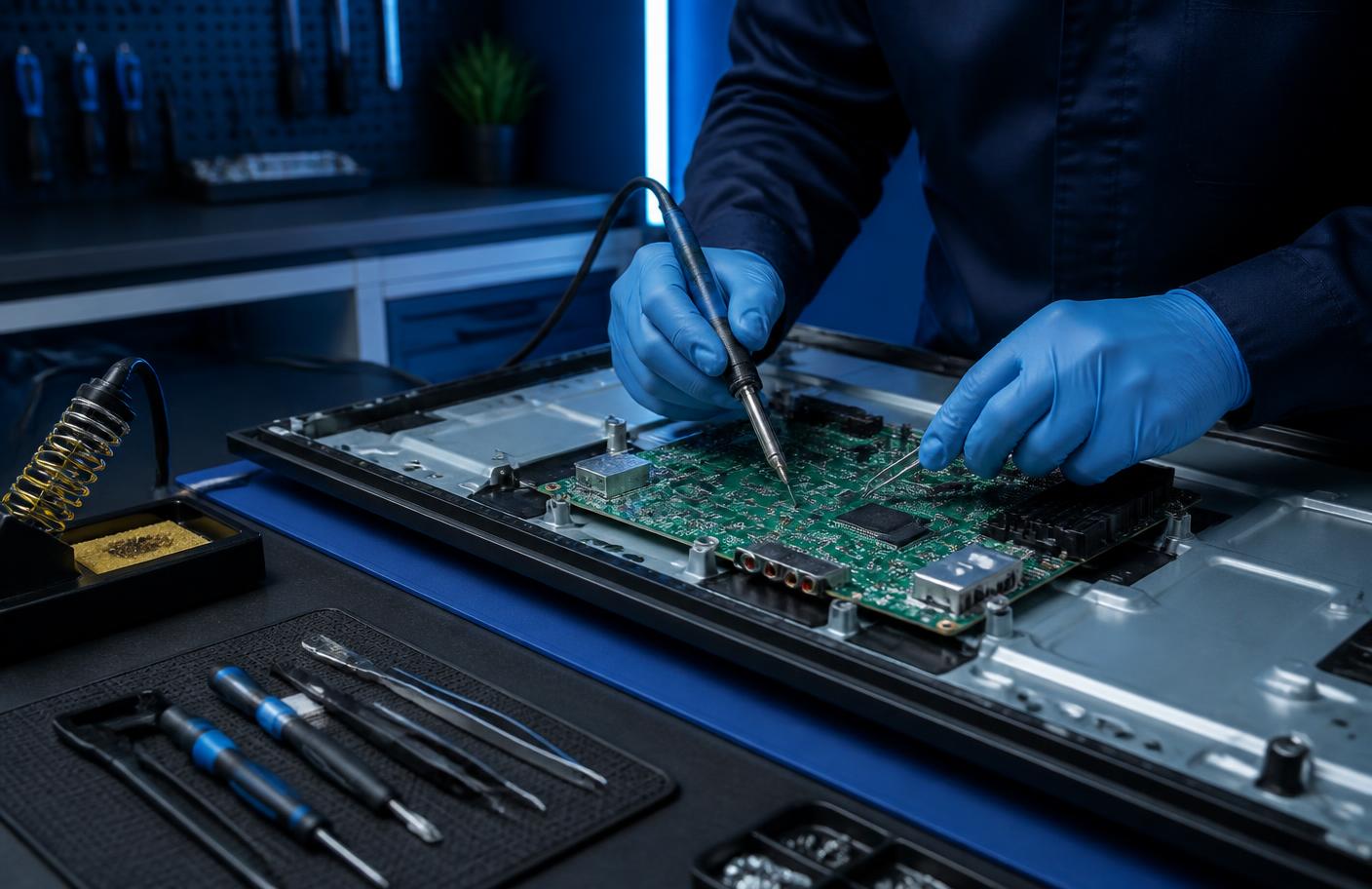 Técnico realizando manutenção em placa de TV